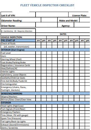 Sample Fleet Vehicle Inspection Checklist - 4+ IN PDF