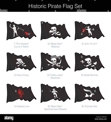 Historic Pirate Waving Jolly Roger Set. The set includes the flag designs of Blackbeard, Black ...