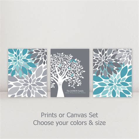 Family Tree Personalized Wall Decor Art Set Flower Burst Home Decor Turquoise Teal Gray White ...