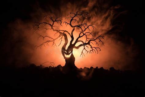 Silhouette of Scary Halloween Tree with Horror Face on Dark Foggy Toned ...