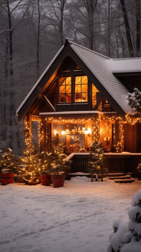 A Christmas cabin blanketed in snow and lit with a warm glow emanates ...