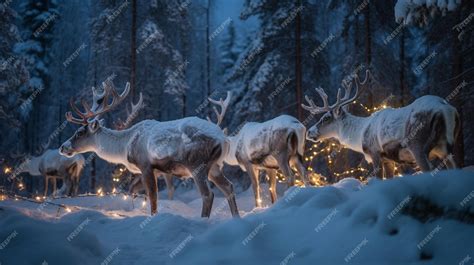 Premium AI Image | Reindeer in a snowy forest with lights in the background