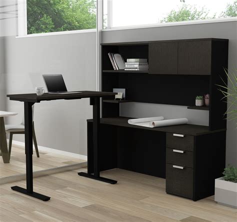 Modern L-shaped Desk with Hutch, with Height Adjustable Side - OfficeDesk.com