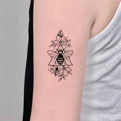 Queen Bee Temporary Tattoo Bee With Flower Fake Tattoo Black - Etsy