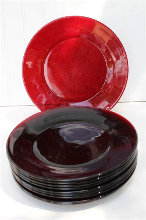 vintage ruby red glass dinner plates set of 10, Christmas holiday dinnerware