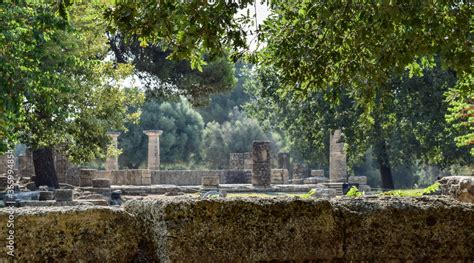 Colums and ruins of Olympia archeological site ancient Greek civilisation Stock Photo | Adobe Stock