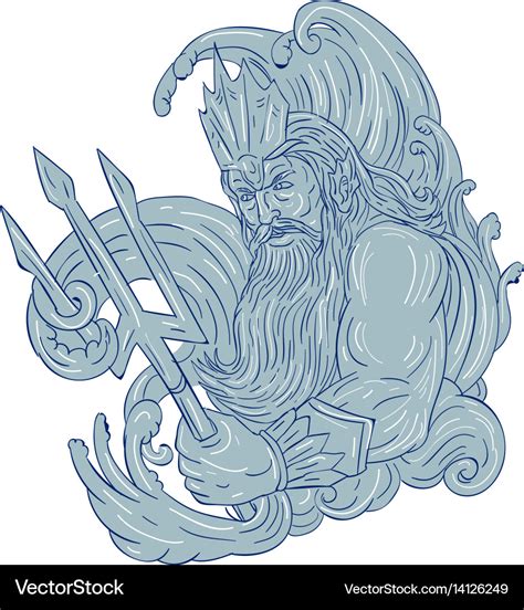 Poseidon trident waves drawing Royalty Free Vector Image