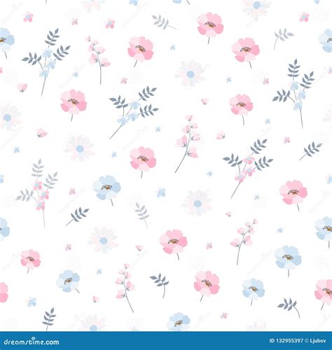 Delicate Ditsy Floral Pattern. Seamless Vector Design with Light Blue and Pink Flowers on White ...