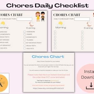 Chores Daily Checklist, Morning/evening, Jobs List, Pdf., Instant ...