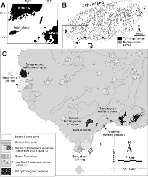 (A) Location of Jeju Island. (B) Simplified geologic map of Jeju... | Download Scientific Diagram