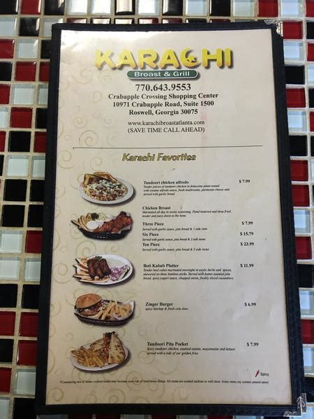 Menu at Karachi Broast restaurant, Roswell