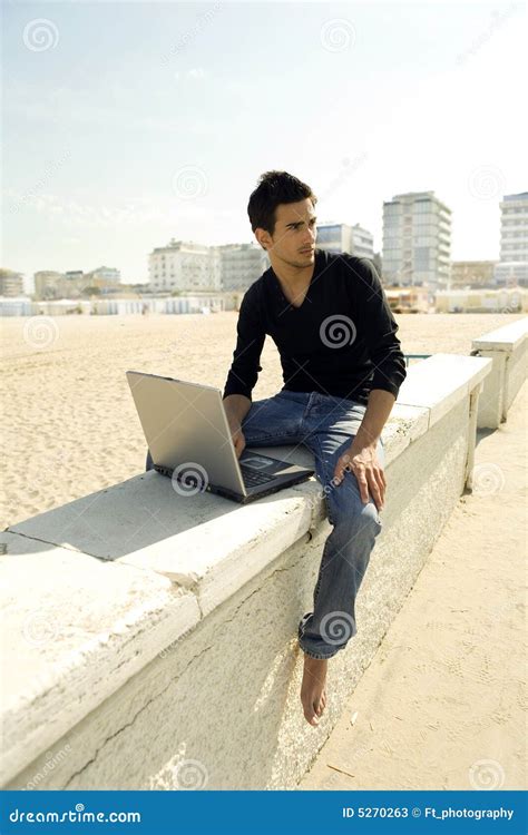 Attractive Man with Laptop Outdoor Stock Image - Image of communicate, beach: 5270263