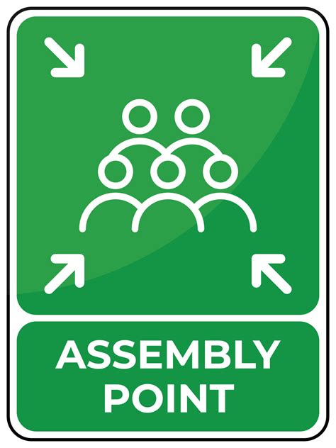 Assembly Point Icon vector signage with Green background. Group of five people gathered in the ...