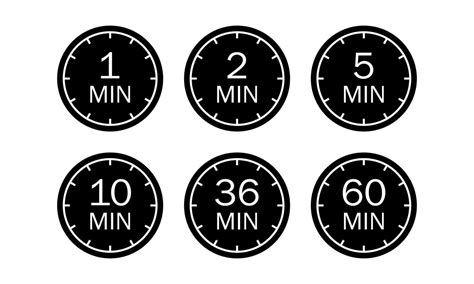 Minute timer icons set. Symbol for one minute, two, five, ten, 36 ...