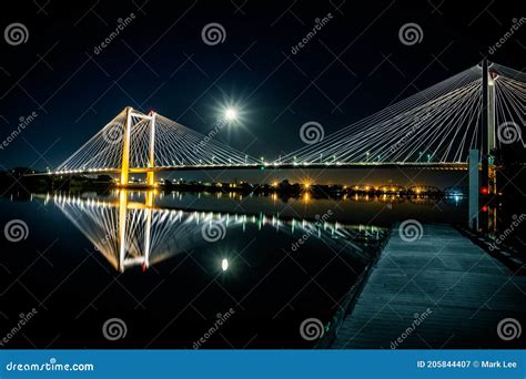 Bridge with Reflection on Columbia River at Night with Full Moon, Kennewick Washington Stock ...