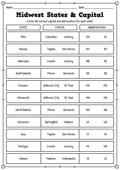 11 Midwest Region States And Capitals Worksheets - Free PDF at worksheeto.com