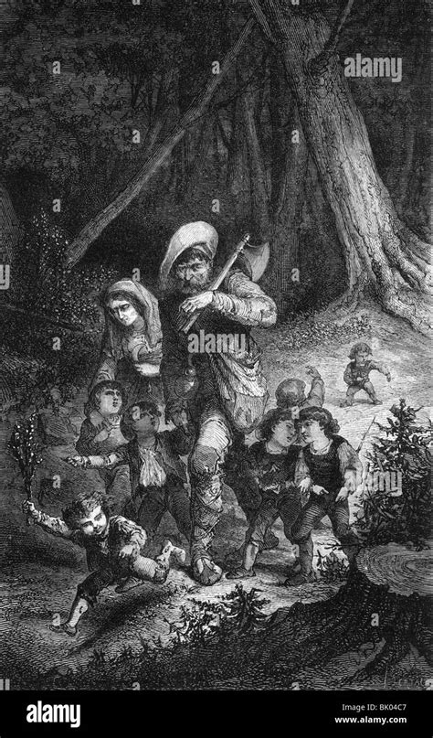 literature, fairy tale, Grimm's Fairy Tales, "Tom thumb", children in the forest, wood engraving ...