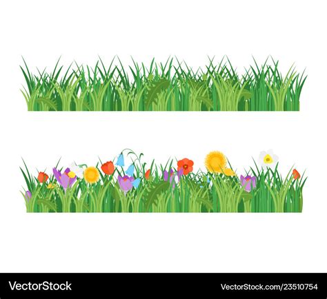 Cartoon garden flowers and green grass line set Vector Image