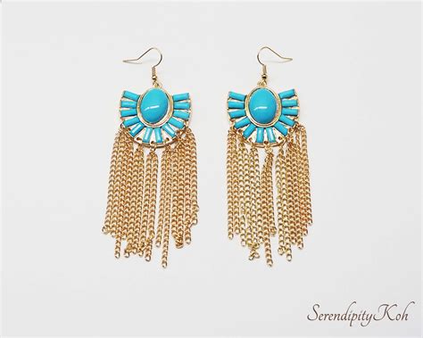 Fan Shape Tassel Earring Blue on Luulla