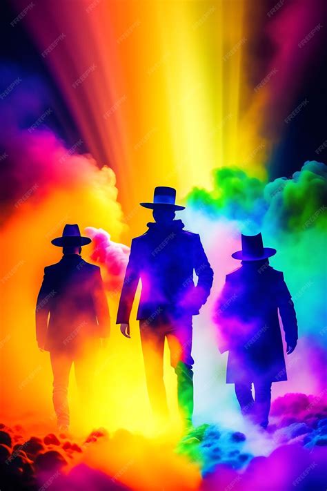 Premium AI Image | Silhouette of gang of droogs in front of colorful rainbow lights with smoke ...