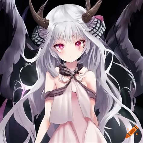 Cute anime demon girl with grey skin and white hair on Craiyon