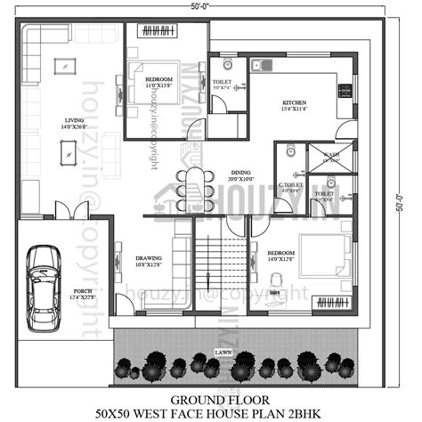 50x50 house plans west facing | 2BHK West Face ground floor plan | HOUZY.IN