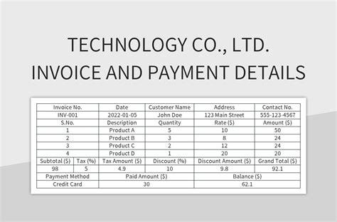 Technology Co., Ltd. Invoice And Payment Details Excel Template And Google Sheets File For Free ...