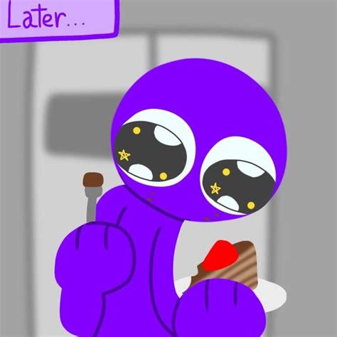 a purple cartoon character holding a piece of cake