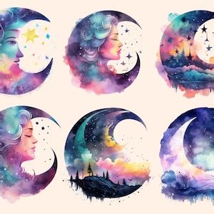 Dreamy Moons Watercolor Clipart Bundle 40 PNG Images of Fantasy ...