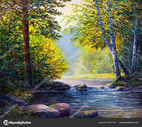 Oil painting landscape , beautiful river. Stock Photo by ©sbelov 300377702