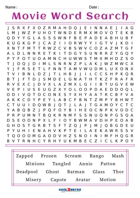 Printable Movie Word Search - Cool2bKids