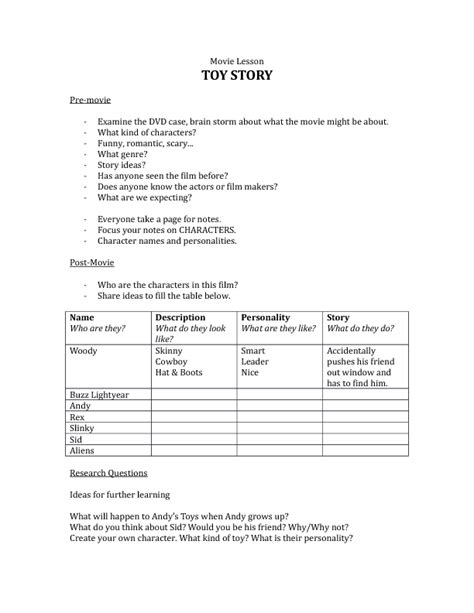 Movie Worksheet: Toy Story