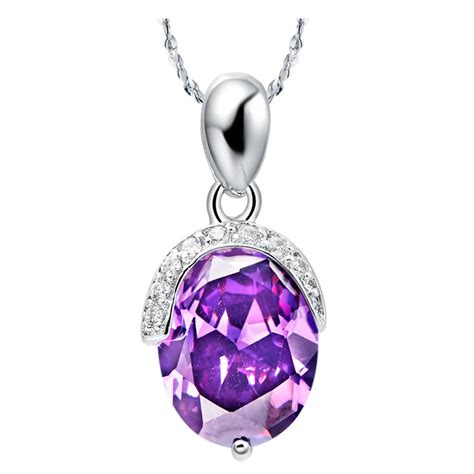 Fashion Jewelry 925 Sterling Silver Elegant Round Purple Gem Pendant Necklace Women Wedding ...