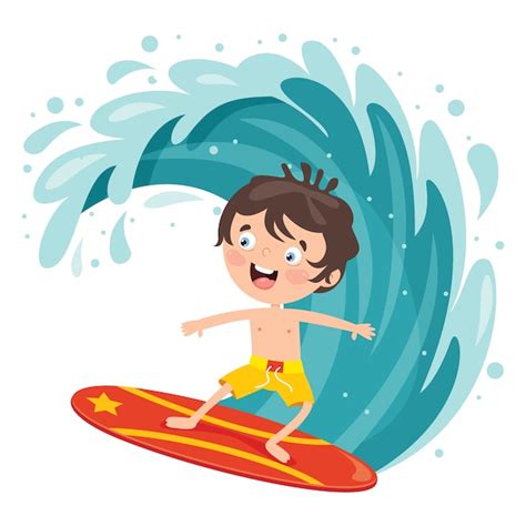 Happy cartoon character surfing at sea | Premium Vector