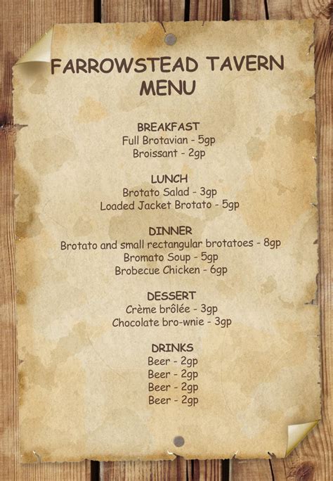 Dnd 5e Tavern Menu