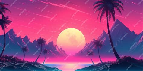 Premium AI Image | Retro Vaporwave Sunset Wallpaper with Palms