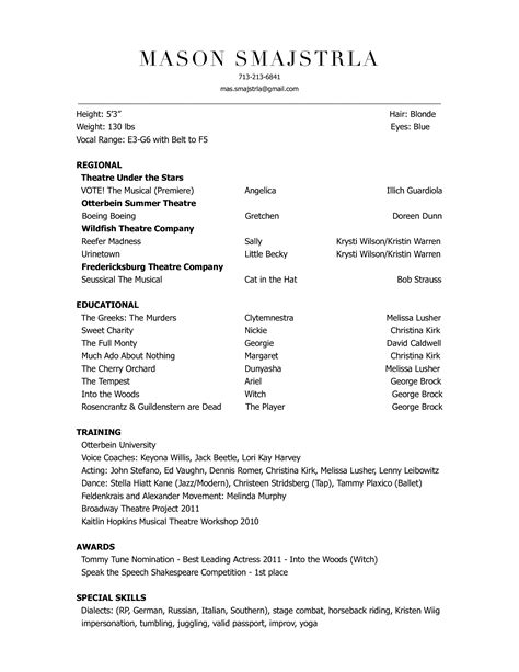 Theatrical Resume Template Word