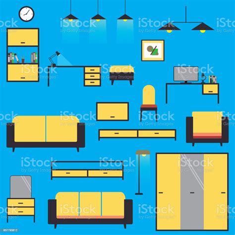 Dessin Animé Gros Set Maison Et Meubles De Bureau Isolé Sur Backg Bleu Vecteurs libres de droits ...