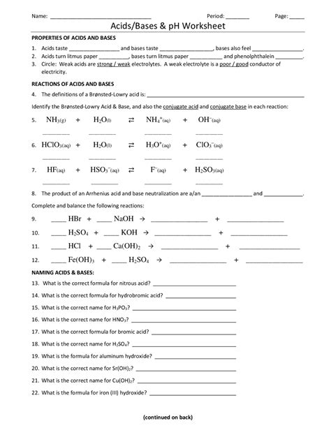 Acid Base Properties Worksheet