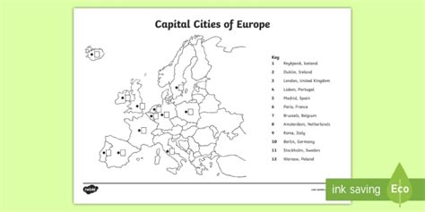 Locating Capital Cities of Europe Map Worksheet