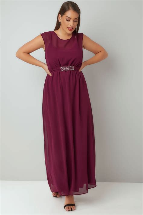 Burgundy Chiffon Maxi Dress With Embellished Tie Waist & Split Back, Plus size 16 to 32