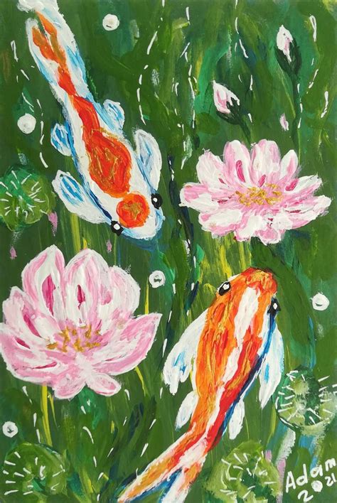 Koi fish in the lotus pond Painting by Svetlana Adamenko | Saatchi Art