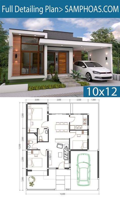 3 Bedrooms Home Design Plan 10x12m - SamPhoas Plan