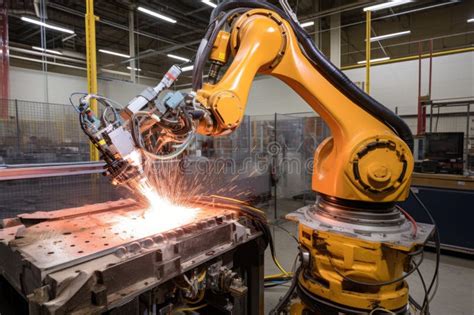 Spot Welding Robot Arm Extended, Mid-weld with Bright Flash Stock Image - Image of industrial ...