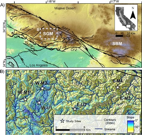 (A) Overview elevation map (0 – 3500 m) of the San Gabriel Mountains ...