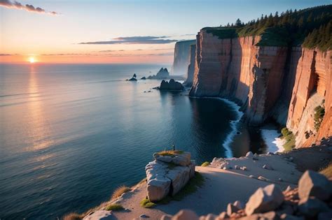 Premium AI Image | A cliff face at the edge of a cliff at sunset.