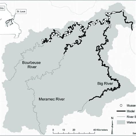 Map of the Meramec River basin showing the Meramec River and its two ...