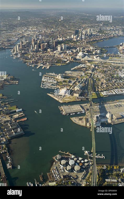 Inner harbor aerial view (Mystic River bridge aka Tobin Bridge at Stock ...