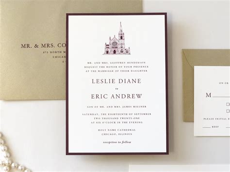 elegant and formal church illustration wedding invitation in ivory ...