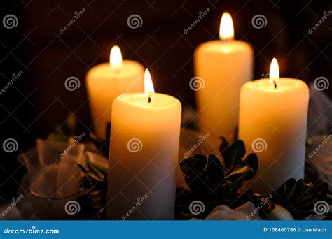 Four Burning Candles on Advent Wreath Stock Photo - Image of ...